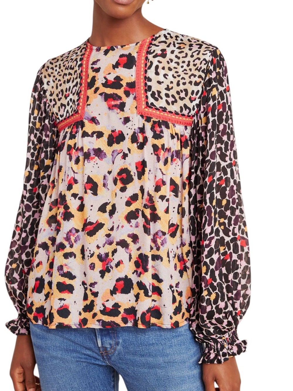Anthropologie Bl^nk Joelle Leopard Print Puff Sleeve Peasant Blouse - S